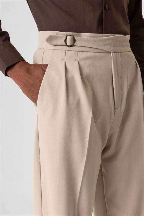 Buckle Detailed Pleated High Waist Men's Trousers