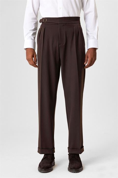 Buckle Detailed Pleated High Waist Men's Trousers