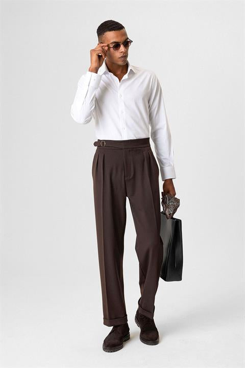 Buckle Detailed Pleated High Waist Men's Trousers