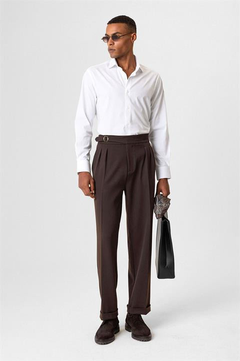 Buckle Detailed Pleated High Waist Men's Trousers