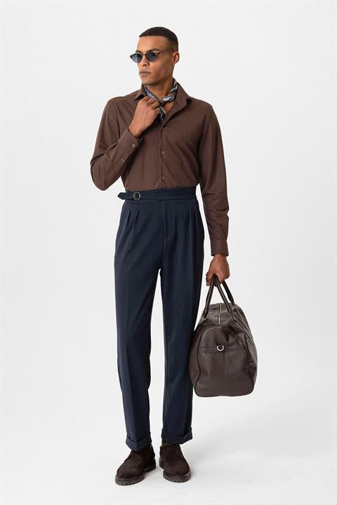 Buckle Detailed Pleated High Waist Men's Trousers