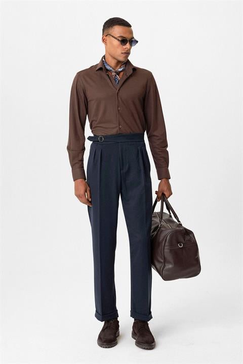 Buckle Detailed Pleated High Waist Men's Trousers