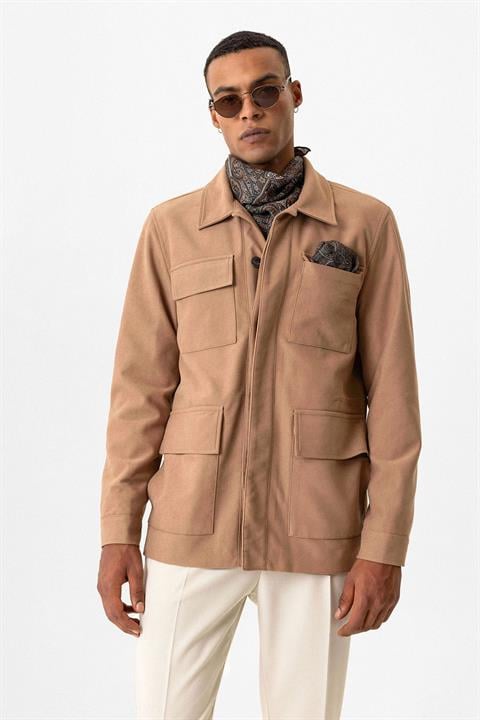 Camel Men's Coat with Hidden Button Detail