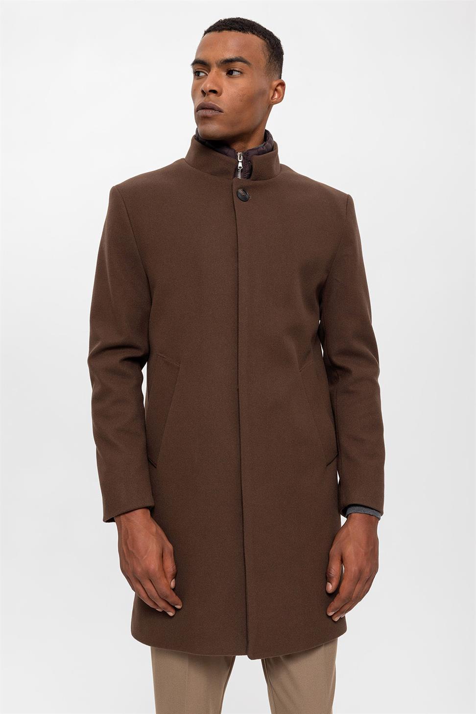 High Collar Men's Coat With Hidden Button Detail