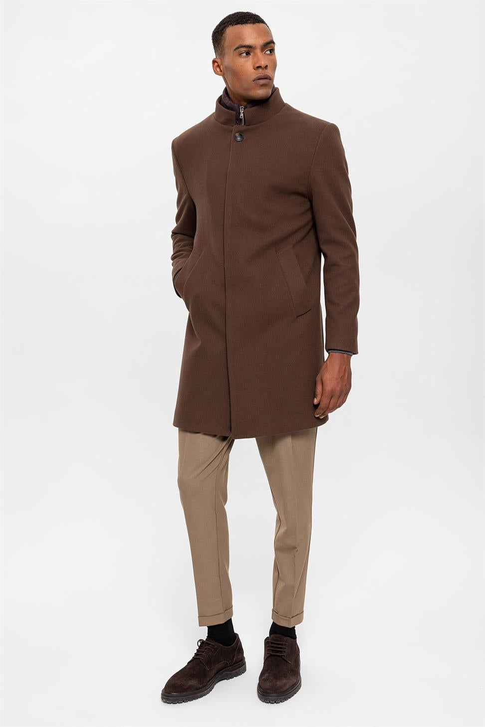 High Collar Men's Coat With Hidden Button Detail