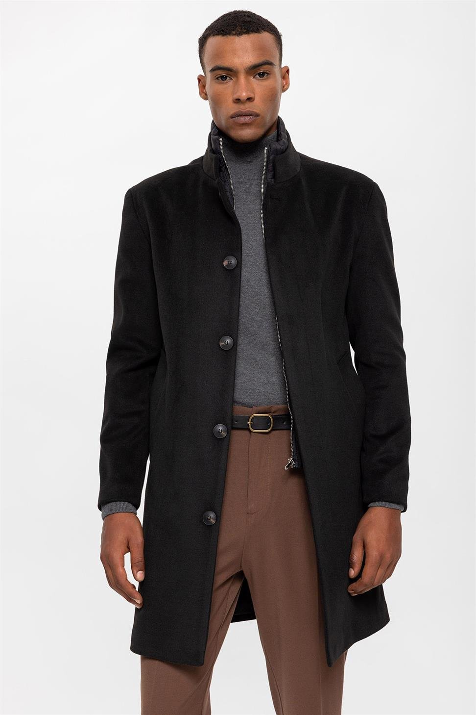 High Collar Men's Coat With Hidden Button Detail