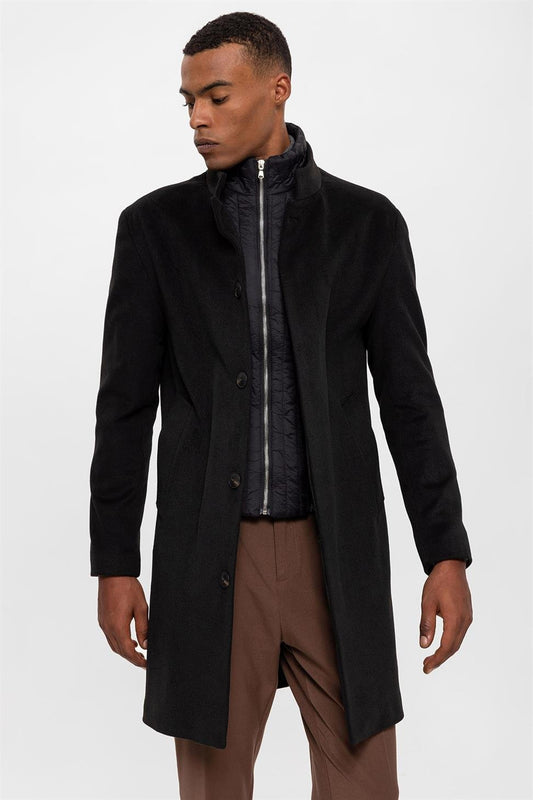 High Collar Men's Coat With Hidden Button Detail