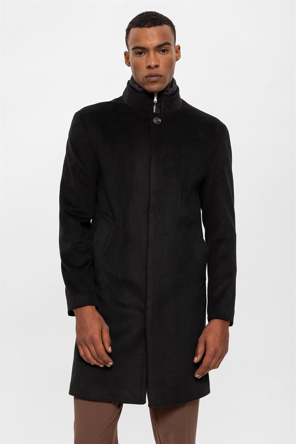 High Collar Men's Coat With Hidden Button Detail