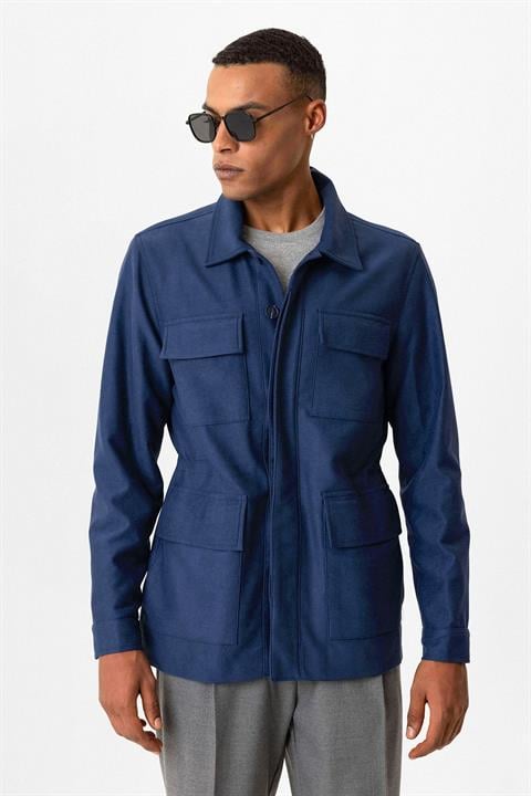 Navy Blue Men's Coat with Hidden Button Detail