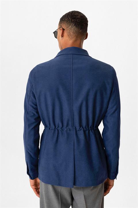 Navy Blue Men's Coat with Hidden Button Detail