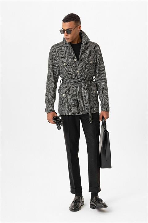 Black Herringbone Patterned Buckle Detailed Men's Coat