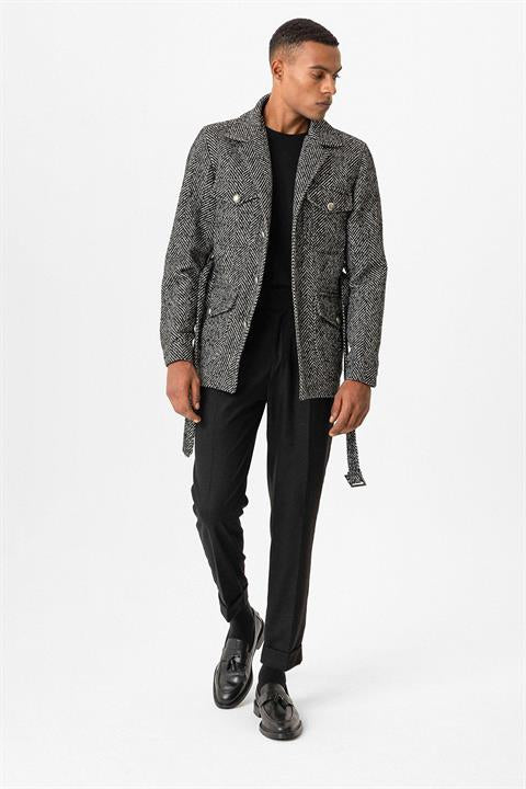 Black Herringbone Patterned Buckle Detailed Men's Coat