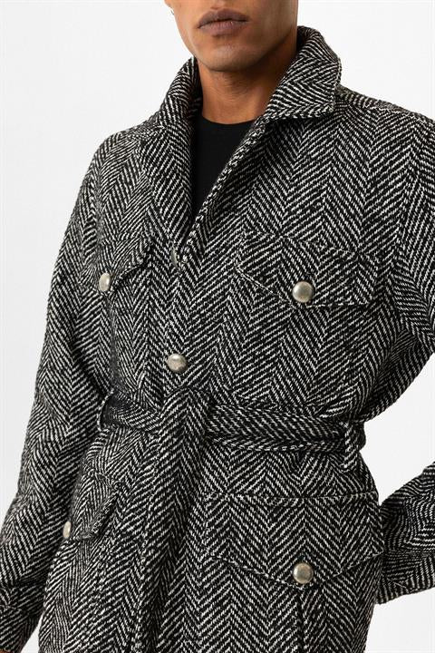 Black Herringbone Patterned Buckle Detailed Men's Coat