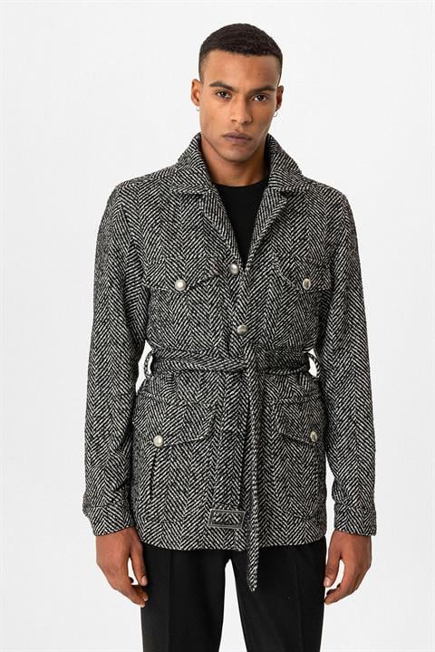 Black Herringbone Patterned Buckle Detailed Men's Coat