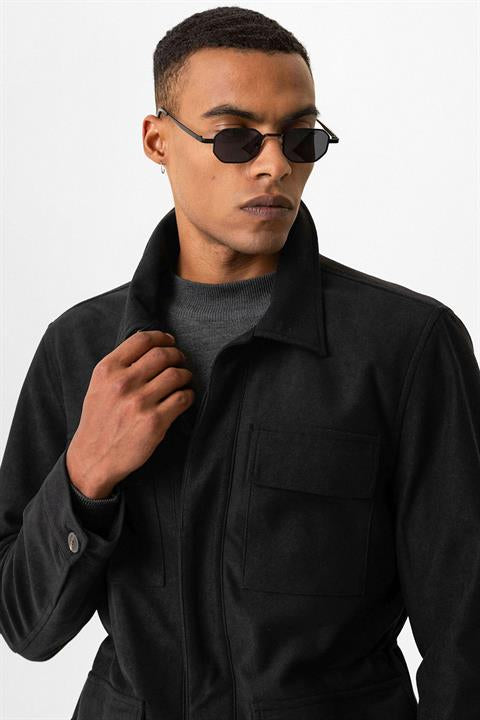 Black Men's Coat with Hidden Button Detail