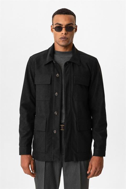 Black Men's Coat with Hidden Button Detail