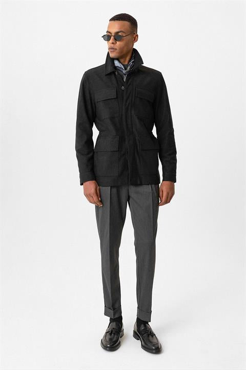 Black Men's Coat with Hidden Button Detail