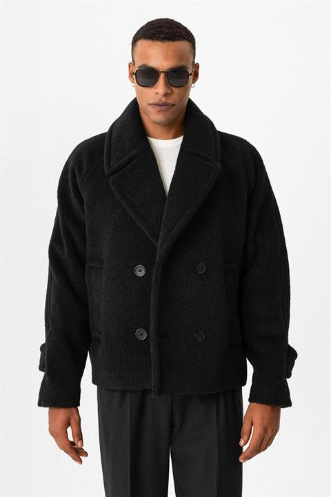 Black Double-breasted Crop Fit Men's Coat