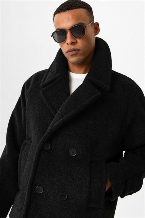 Black Double-breasted Crop Fit Men's Coat