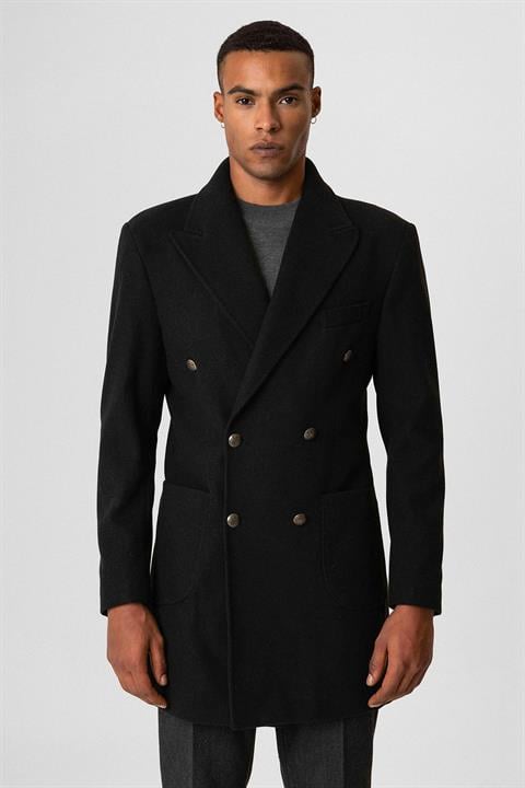 Black Double-breasted Closure Bag Pocket Men's Coat