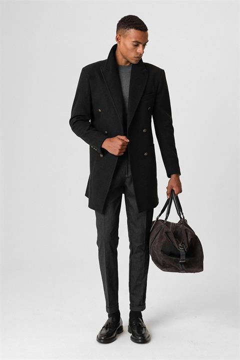 Black Double-breasted Closure Bag Pocket Men's Coat